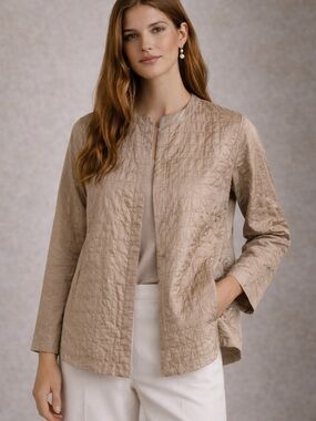 Eileen Fisher 100% Liquid Silk Quilted Jacket Beige Minimal Luxury Size L